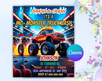 Monster Truck Birthday Invitation: Editable Canva Template (5x7" Printable PDF or JPEG)