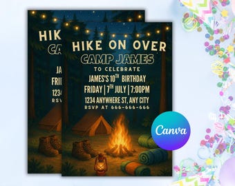 Camping Birthday Invitation: Outdoor Adventure, Editable Template (Digital Download, 5x7" PDF/JPEG)
