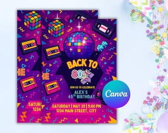 Retro 80-talsfödelsedagsinbjudan: Neontema, redigerbar digital festinbjudan