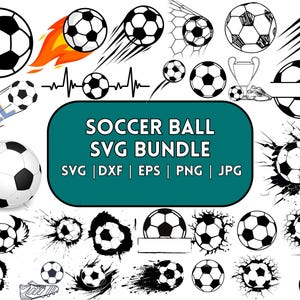 May include: A collection of 20 black and white soccer ball SVG cut files. The files include various designs, such as a soccer ball with a goal net, a soccer ball with a splash of paint, and a soccer ball with a starburst effect. The text "Soccer Ball SVG Bundle" is displayed in a green banner.
