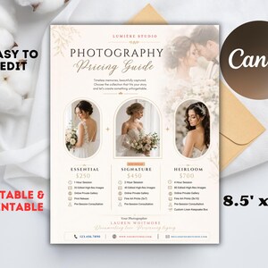 Puede incluir: Una plantilla de guía de precios de fotografía que mide 21,6 cm por 27,9 cm, con el texto Lumiere Studio, Photography Pricing Guide, Essential, Signature y Heirloom. Incluye tres marcos de fotos ovalados con imágenes de boda.