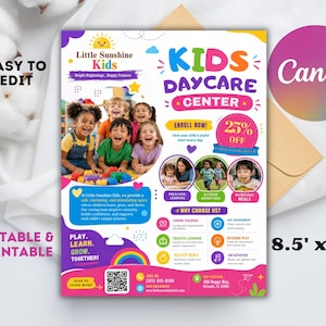 Peut inclure: Un dépliant coloré de 21,6 cm sur 27,9 cm pour le Little Sunshine Kids Daycare Center. Le design présente des photos d'enfants, un badge de réduction de 25 %, des sections pour l'apprentissage, les activités et les repas, et un QR code.