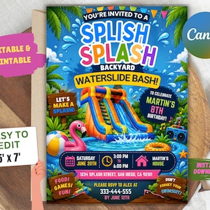 May include: A vibrant invitation for a backyard waterside bash. The design features a waterslide, a flamingo float, and the text "Splish Splash". The invitation is 12.7 x 17.8 cm and includes event details.