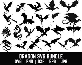 Paquete de archivos SVG de dragones: imágenes prediseñadas de siluetas, diseño de tatuajes (descarga digital)