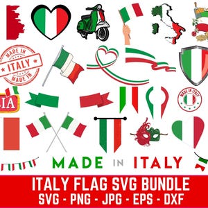 May include: A collection of Italian flag-themed graphics in red, white, and green. Includes flags, hearts, a scooter, and the text "Made in Italy" and "Italy Flag SVG Bundle".