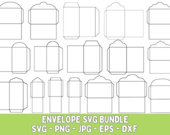 Puede incluir: Un conjunto de plantillas de sobres en negro sobre fondo blanco, con diversas formas y tamaños. La imagen incluye el texto "ENVELOPE SVG BUNDLE" y abreviaturas de tipos de archivo.