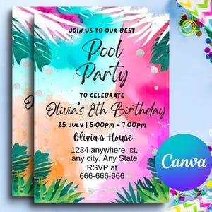 Pool Party Invitation: Kids Swim Birthday, Editable Canva Template ...