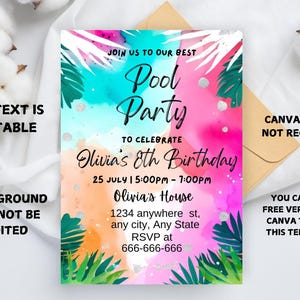 Pool Party Invitation: Kids Swim Birthday, Editable Canva Template ...