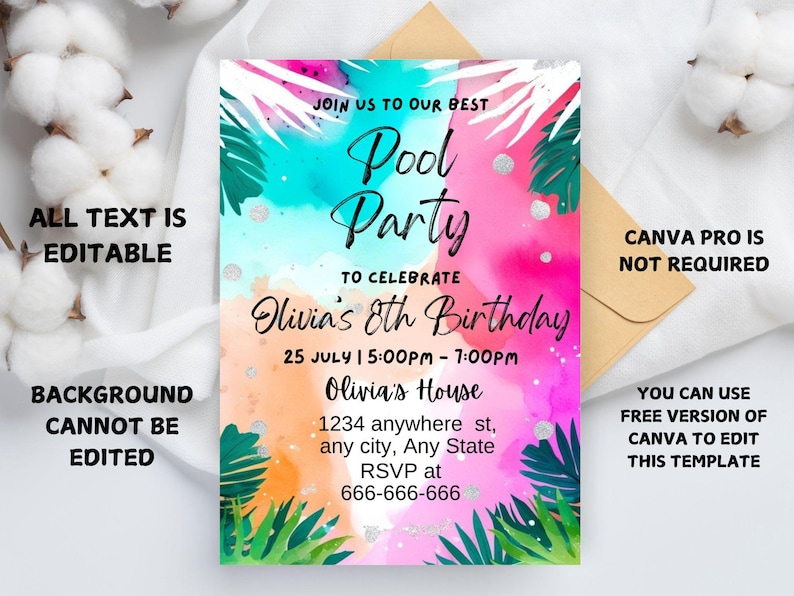 Pool Party Invitation: Kids Swim Birthday, Editable Canva Template ...