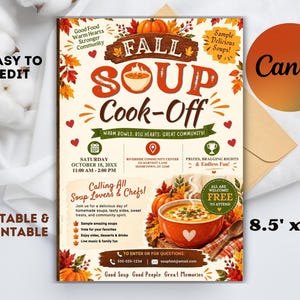 May include: A flyer for a Fall Soup Cook-Off event featuring autumn leaves, pumpkins, and a bowl of soup. The text includes event details, date, time, location, and contact information. The design is decorated with red hearts and fall foliage.
