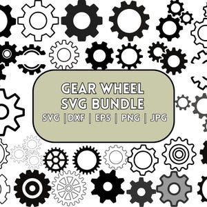 May include: A collection of black and white gear wheel SVG cut files. The image includes a variety of gear wheel shapes and sizes. The text "GEAR WHEEL SVG BUNDLE" is displayed in the centre of the image. The text "SVG | DXF | EPS | PNG | JPG" is displayed below the title.