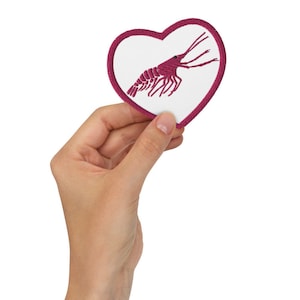 Pink Shrimp Heart Patch, Embroidered Patches, Shrimp Embroidery, Iron On Patch, Embroidered Shrimp, Shrimp Illustration, Heart Patch