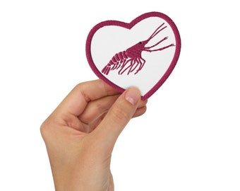 Pink Shrimp Heart Patch, Embroidered Patches, Shrimp Embroidery, Iron On Patch, Embroidered Shrimp, Shrimp Illustration, Heart Patch