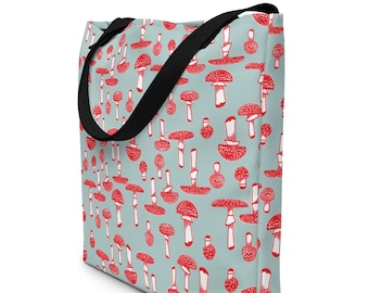 Red Mushrooms Large Tote Bag, Mushroom Beach Tote, Cute Hip Bag, Toadstool Mushroom Bag, Travel Bag, Grocery Bag, Farmers Market Tote