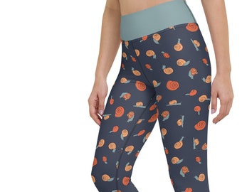 Peach Snails Yoga Leggings, Snail Leggings, Workout Leggings, Peach and Blue Yoga Pants, Printed Leggings, Cute Leggings for Gym