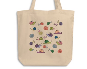 Rainbow Snails Eco Tote Bag, Snail Tote, Organic Cotton Tote, Eco Friendly Canvas Bag, Farmers Market Tote, Reusable Grocery Bag, Travel Bag