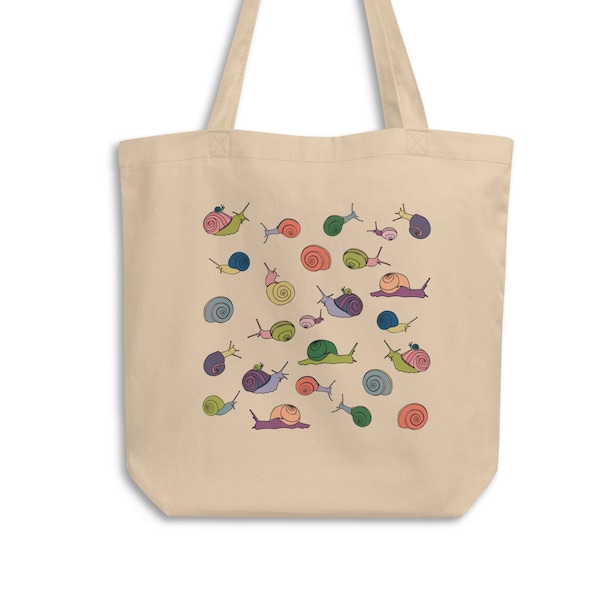 Rainbow Snails Eco Tote Bag, Snail Tote, Organic Cotton Tote, Eco Friendly Canvas Bag, Farmers Market Tote, Reusable Grocery Bag, Travel Bag