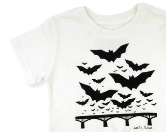 Austin Texas Unisex Kids Tee | Bats Over Congress Ave Bridge | Fair Trade | Eco Friendly Screen Printed Clothing | Gender Neutral Baby Gift