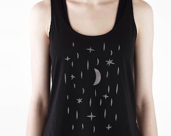 Moon and Stars Tank Top, Flowy Tank, Moon Tank Top, Loose Fit Tops, Comfy Tops, ladies tank tops, Yoga Tank Tops, Black Tank Top