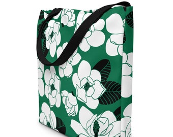 Magnolia Blooms, All-Over Print Tote Bag, Green Floral Tote, Cute Hip Bag, Magnolia Flowers Bag, Large Travel Bag, Farmers Market Tote