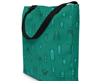 Beetles Print Large Tote Bag: Green Insect Illustration Travel Bag