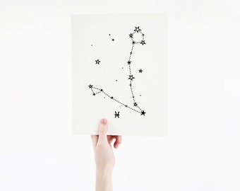 Pisces Horoscope Gift Constellation 8 x 10 Silk Screen Print - Hand Printed in Black - Unframed