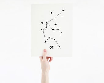 Aquarius Constellation Print - Hand Printed Silk Screen, Astrology Gift