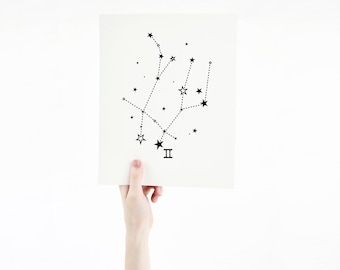 Gemini Constellation Print - Hand Printed Silk Screen Art, Astrology Gift