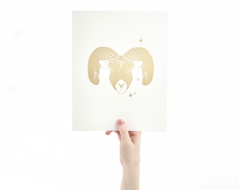 Aries Constellation Print – Shimmery Gold Horoscope, Unframed 8x10