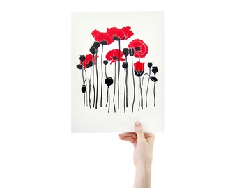 Red Poppies Print, 9 x 12 Silk Screen Print, Floral Paper Print, Screen Print Wall Art, Hand Printed Flowers, Unframed Art, Botanical Print