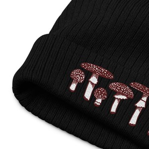 May include: Black beanie with a white and red embroidered design of mushrooms.