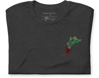 May include: Dark heather grey t-shirt with an embroidered image of a red beet with green leaves. The shirt has a crew neck and short sleeves. The text "eleventy-five" is printed on the tag.