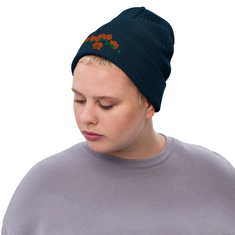 Orange Poppies Recycled Beanie, Navy Beanie Hat, Floral Embroidery, California Poppy Beanie, Cute Women's Beanie, Embroidered Beanie image 4