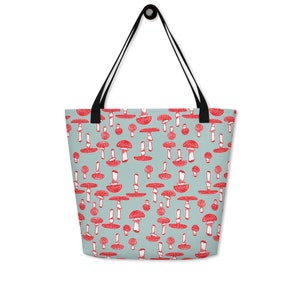 Red Mushrooms Large Tote Bag, Mushroom Beach Tote, Cute Hip Bag, Toadstool Mushroom Bag, Travel Bag, Grocery Bag, Farmers Market Tote image 2