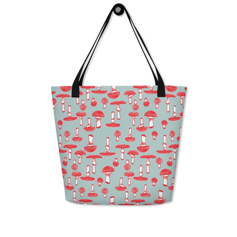 Red Mushrooms Large Tote Bag, Mushroom Beach Tote, Cute Hip Bag, Toadstool Mushroom Bag, Travel Bag, Grocery Bag, Farmers Market Tote image 2