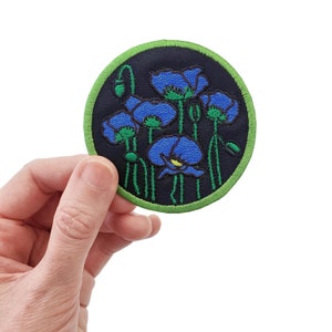 Blue Poppies Patch, Embroidered Patches, Poppy Flower Embroidery, Iron On Patch, Embroidered Flowers, Poppy Illustration, Circle Patch