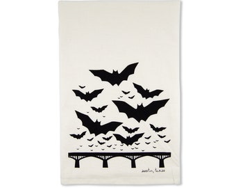 Organic Austin Texas Tea Towel Gift | Bats over Congress Avenue Bridge | Screen Printed Kitchen Décor Dish Cloth | Fair Trade | Housewarming