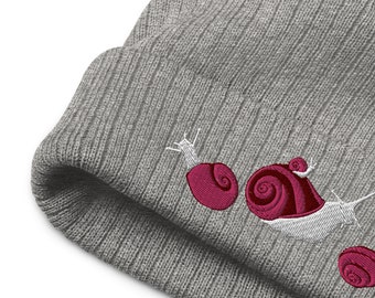 Snail Recycled Beanie, Pink and Grey Snail Hat, Snails Embroidery, Ribbed Beanie, Grey Beanie Hat, Cute Beanie Women, Embroidered Beanie