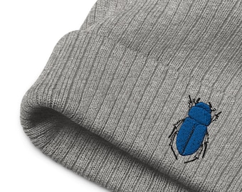 Embroidered Beetle Recycled Beanie, Unisex Winter Hat