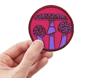 Purple Mushrooms Embroidered Patch, Embroidered Iron On Patch, Mushroom Art Embroidery, Garden Patch, Cute Fungi Illustration, Circle Patch