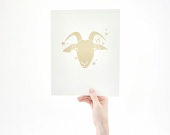 Capricorn Horoscope Gift Constellation 8 x 10 Silk Screen Print - Hand Printed in Shimmery Gold - Unframed