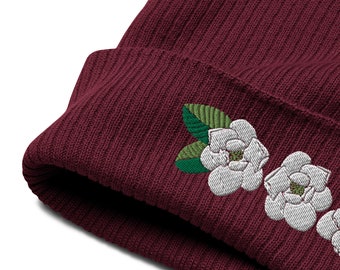 Magnolia Organic Cotton Beanie, Ribbed Knit Beanie, Floral Embroidery, Magnolia Art, Cuffed Beanie, Burgundy Hat, Cute Beanie, Winter Hat