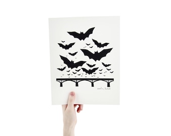 Austin Texas Keepsake Gift | Bats over Congress Avenue Bridge 8 x 10 Silk Screen Print - Hand Printed in Black - Unframed