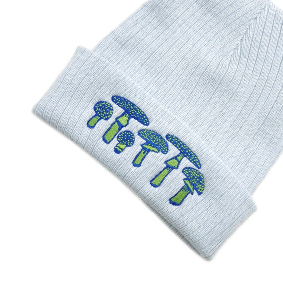 Embroidered Mushroom Beanie: Recycled Ribbed Knit Cuffed Hat
