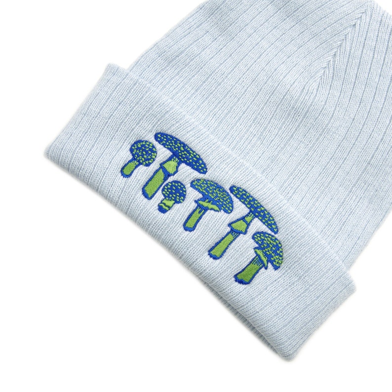 May include: Light blue beanie with an embroidered design of blue and green mushrooms.