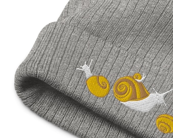 Gold Snails Recycled Beanie, Grey Snail Hat, Snails Embroidery, Cuffed Beanie, Black Snail Beanie, Cute Beanie Women, Embroidered Beanie