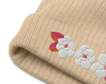 Magnolia Blooms Beanie, Ribbed Knit Beanie, Floral Embroidery, Magnolia Art, Recycled Cuffed Beanie, Flower Hat, Cute Beanie, Winter Hat