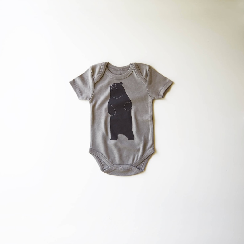 Gender Neutral Organic Cotton Baby Bear Bodysuit Unisex Clothes Hand Printed Clothing Little Brown Bear