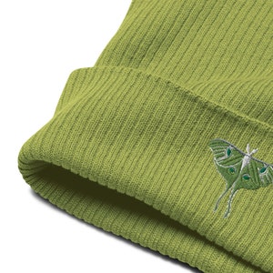 May include: A green knitted beanie with an embroidered green and white luna moth design.