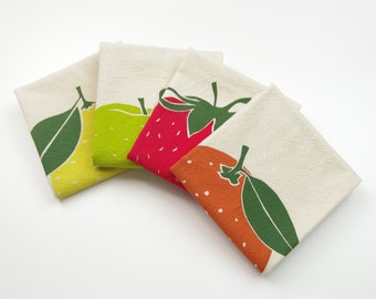 Screenprinted Fruit Cloth Napkins, Set of 4, Cotton Flour Sack